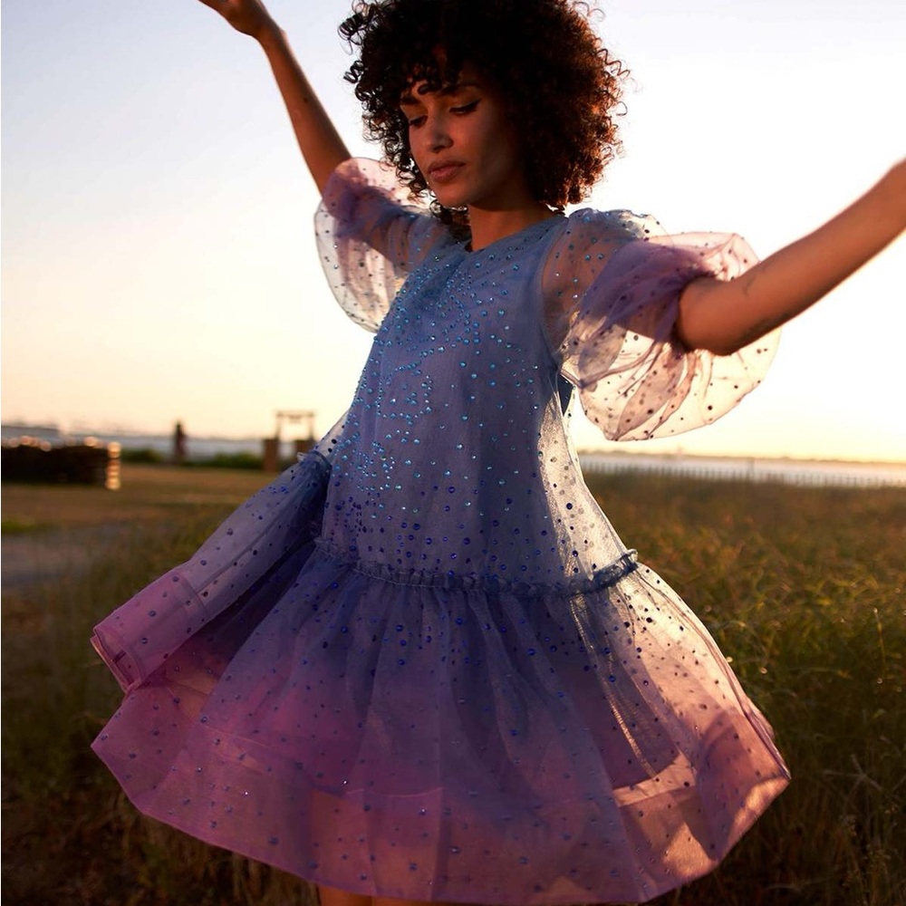 Cynthia Rowley Rhinestone Purple Blue Ombré Organza Dress, Size XS, NWT